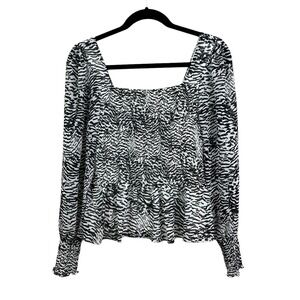 Nine West Peplum Blouse Square Smocked Neck Lined White Black Women Size M*